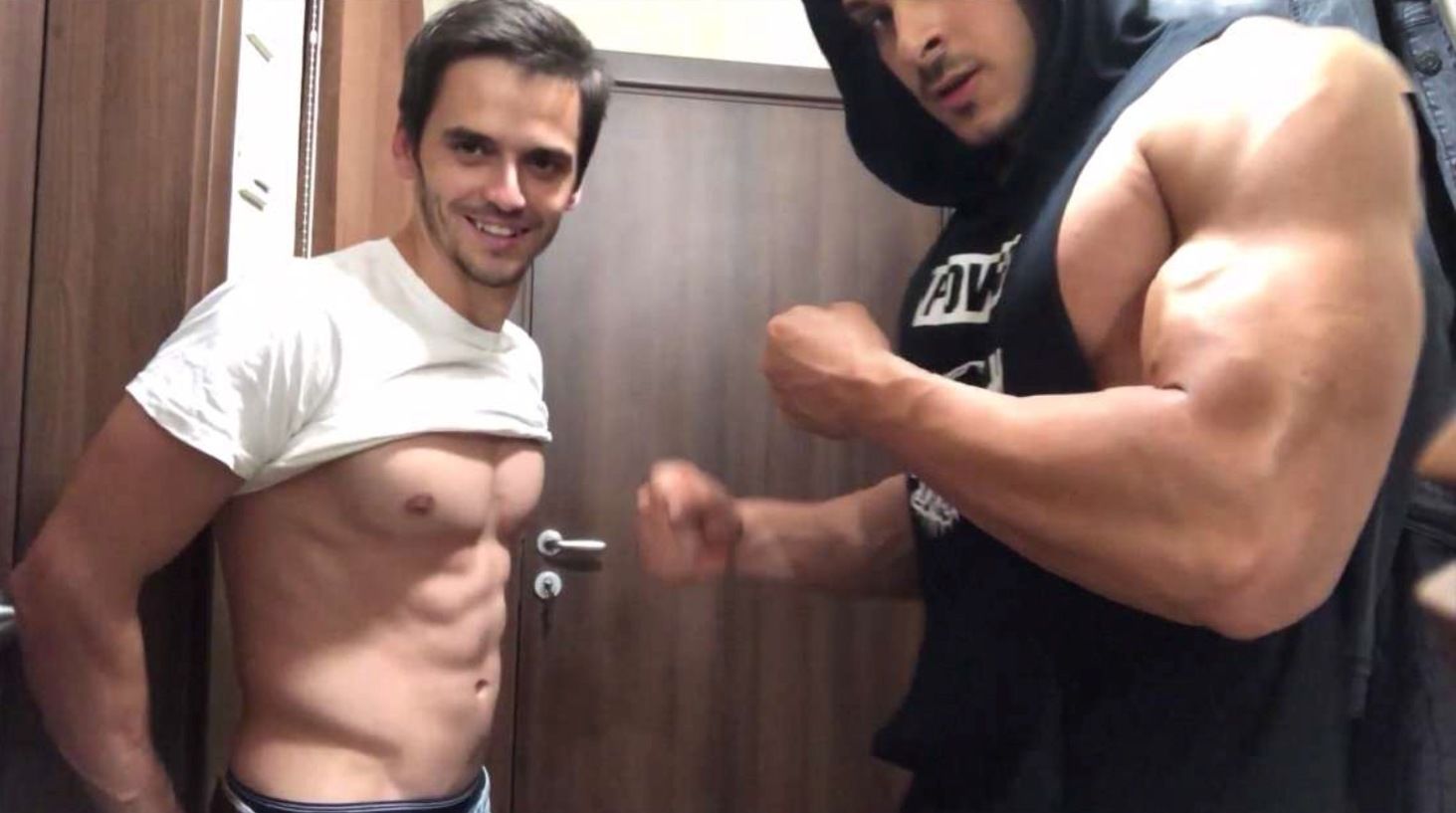 Teen Muscle God Dominates Next To Regular Muscle Guy.